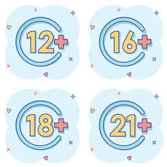 12, 16, 18, 21 plus icon in comic style. Censorship cartoon vector illustration on white isolated background. Censored splash effect business concept.