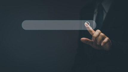 businessman's finger taps the search bar icon to display information on a web site or wireless network. Search Engine Technology (SEO), Search Engine Optimization with Precision Processing