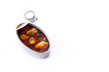Can of mussels isolated on white background. Copy space