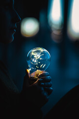 young worried woman holding bright shining lightbulb in her hands feeling unsave while in fear...