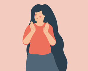 Feminist woman expressing refusal gesture with her hands. Activist Female expresses disagreement and protest. Concept of Body language and nonverbal communication of NO, STOP and ENOUGH. Vector stock. - obrazy, fototapety, plakaty