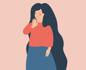 Activist woman saying NO and rejects something in front of her. Strong female expresses disagreement and protest. Concept of Body language and non verbal communication of STOP and ENOUGH. Vector stock