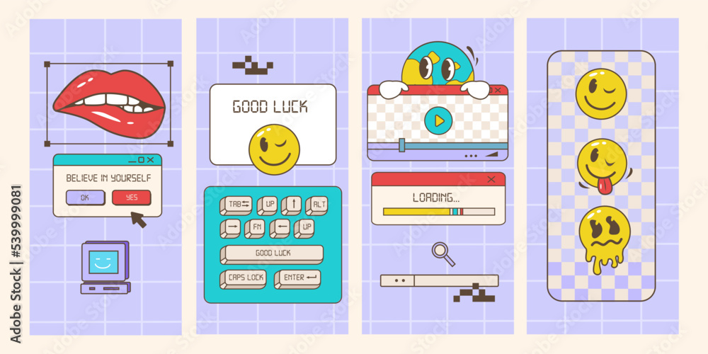 Poster retro browser computer window in 80-90s vaporwave style with smile face stickers for stories or a po