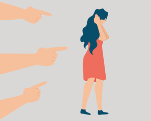 People point their fingers at a woman and surround her. Teenage girl covers her ears because of insults. Stop violence, bullying and abuse against children and women. Mental health concept.