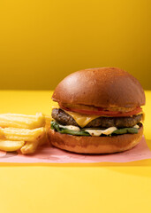 burger with french fries on a yellow background