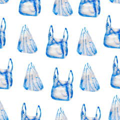 Blue cellophane bag watercolor seamless pattern. Template for decorating designs and illustrations.
