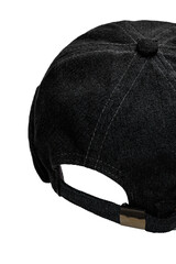 Cropped close-up shot of a black denim docker cap with a turn up brim. A men's cap with an adjustable strap fastening is isolated on a white background. Top back view.