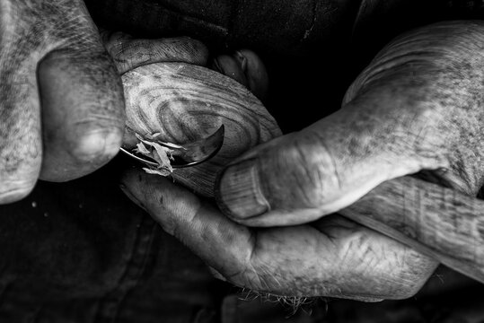 Working hands - craftsman is working on a spoon Holzschnitzer schnitzt einen L&ouml;ffel