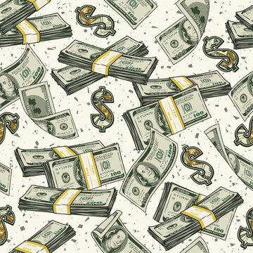 Money seamless pattern with dollar wads, stacks, dollar sign. Falling, flying 100 US dollar banknotes. Heap, pile of money. Detailed vintage vector illustration.