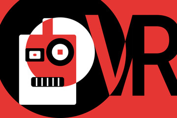 Artificial surprised robot with different eyes size. Text VR. Augmented reality - robotics. Stylish modern virtual reality illustration.