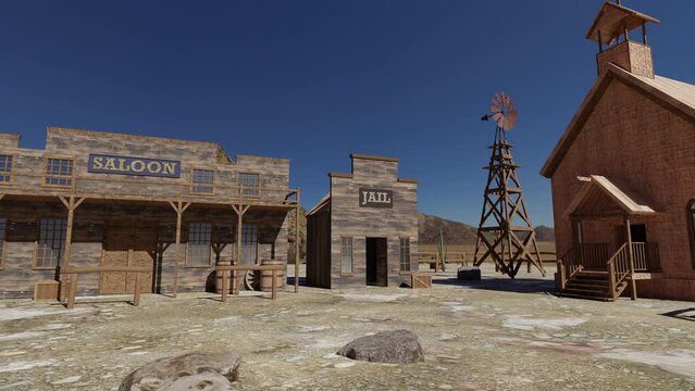 3D animation of a western ghost town on a sunny day, including several old west artifacts