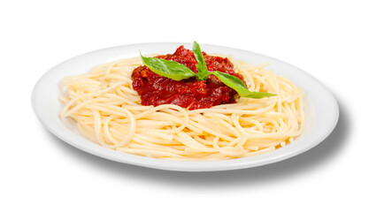 plate with spaghetti, sauce and basil on white background