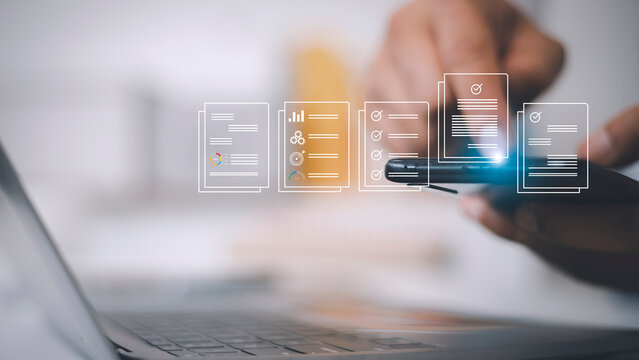 electronics document icons, E-document management, online documentation database, paperless office concept