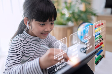 Education technology concept. Schoolgirl learning in the room. Online school. EdTech.E-learning concept