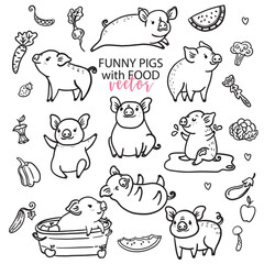 Pigs different poses, animal cute characters with vegetables and fruits, line art over white, coloring page - 540001837