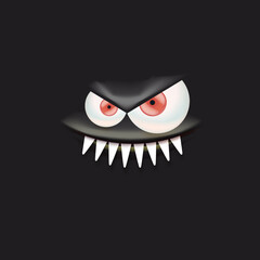 Vector funny angry black monster face with open mouth with fangs and evil eyes isolated on black background. Halloween cute and angry monster design template for poster, banner and tee print