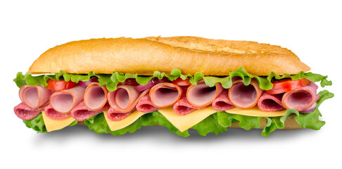 Footlong ham & swiss submarine sandwich isolated on white