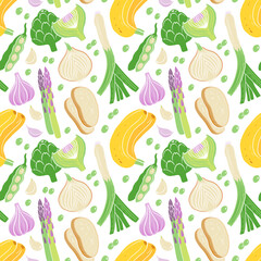 Prebiotic products, sources of these bacteria, nutrient rich food. Vector seamless pattern of soy beans asparagus onion banana garlic artichoke. Vegetables and fruit for gut health.