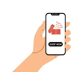 A hand holds a smartphone with a gift box from which discounts fly out, The concept of sale, discounts and bonuses