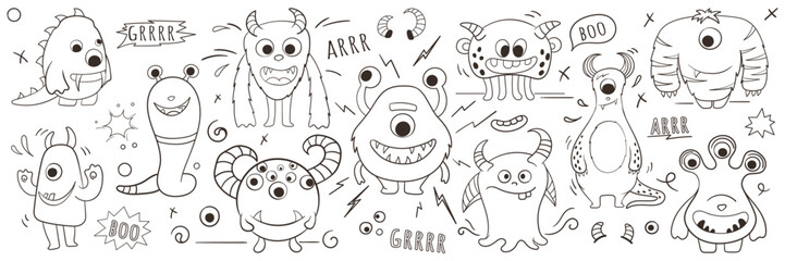 Vector set of illustration of monsters in doodle style. Coloring page. Graphic illustration for kids design, decoration kids room, for pattern design. In line style. Funny line hand-drawn aliens.
