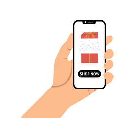 Hand holding smartphone with gift box and fireworks on screen and buy now button