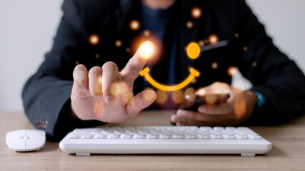 The consumer answered the survey in a conceptual way. Customer creates a happy face smiling symbol using a digital pen. The notion of customer happiness and service experience.