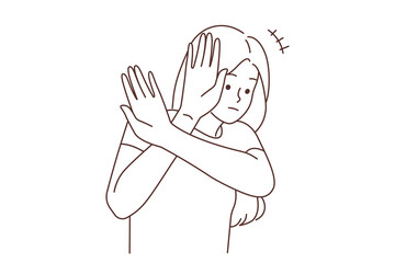 Scared woman make hand gesture 