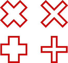 Fototapeta premium Set of red outlined cross, plus sign shapes design element. Isolated vector, png, illustration, transparent background. Asset for brush, stamp, montage, collage or neo geometric pattern.