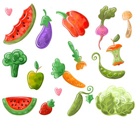 Vegetables and fruits color art over transparent background, PNG