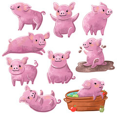 Pigs different poses, animal cute characters with vegetables and fruits, colorful PNG illustration © Jane Lane
