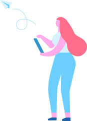 Person silhouette holding phone in hand flat vector illustration