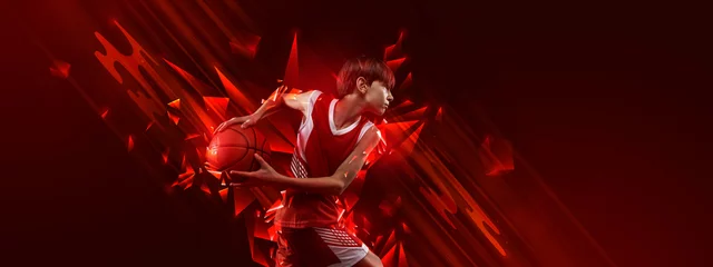 Poster Creative artwork. Teen boy, basketball player training over red background with polygonal and fluid neon elements. © Lustre