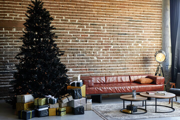 Black Christmas. Celebration New Year. Christmas tree and gifts background. Loft interior