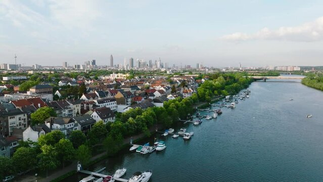 frankfurt griesheim marina with frankfurt in background drone shot