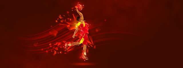 Creative artwork. Sportive man, basketball player in motion over red background with polygonal and fluid neon elements. Scoring goal