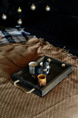 Black Christmas. Celebration New Year. Christmas tree and gifts background. Loft interior