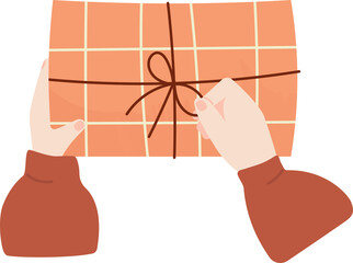 Hands wrapping or openning a present. Christmas gift box wrap. Top view. Flat PNG illustration of preparing for holiday on transparent background.