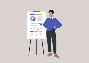 Data analysis and optimization, Young male Asian character presenting a research report printed on a flip chart