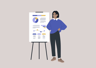 Data analysis and optimization, Young female Caucasian character presenting a research report printed on a flip chart - obrazy, fototapety, plakaty