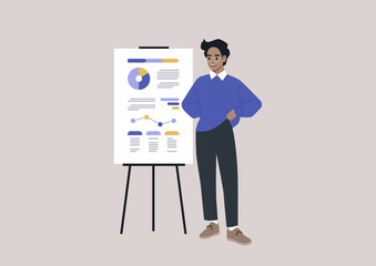 Data analysis and optimization, Young male Caucasian character presenting a research report printed on a flip chart