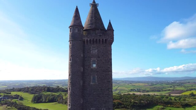 Aerial view of the Scrabo Tower and the green landscape in Newtownards, Northern Ireland