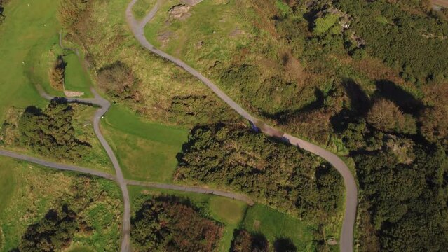 Aerial view of the Scrabo Tower and the green landscape in Newtownards, Northern Ireland
