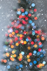 Christmas tree in multicolored lights and lots of snowflakes - obrazy, fototapety, plakaty