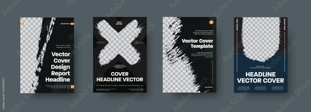 Poster set of vector black covers with round on semicircular grunge elements for photo.