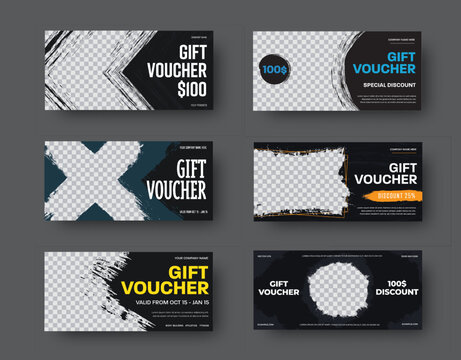 Vector black gift voucher templates with grunge elements and place for photo.