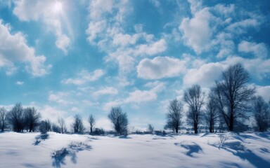 Blue winter landscape. Snow-covered forest against a blue sky with clouds. Fields of snow. Beautiful natural 3D illustration. 3D render.
