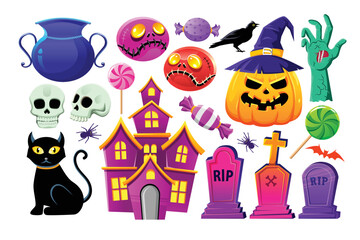 Happy halloween spooky cartoon illustration. Graphic design for the decoration of gift certificates, banners and flyer.