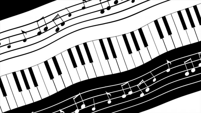 Music background with piano keys and musical notes on a seamless loop