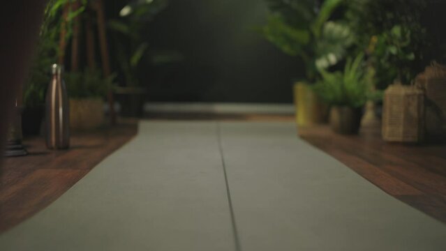 Closeup on middle aged woman with yoga mat folding mat in the green living room.