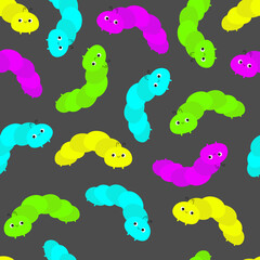 Caterpillar seamless pattern. Cute crawling bug. Insect icon set. Cartoon funny kawaii baby animal character. Smiling face. Colorful bright color. Flat design. Black background.